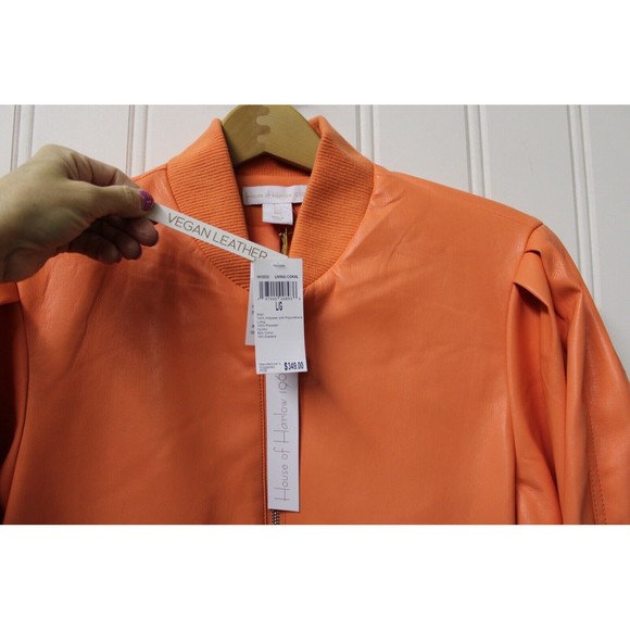 HOUSE OF HARLOW Bomber Jacket Living Coral Vegan Leather Size L Large - Picture 5 of 13